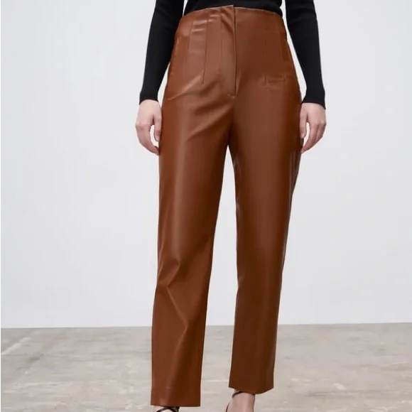 Wide Leg Tan Leather Pants Zara Brown Faux Leather Straight Fit